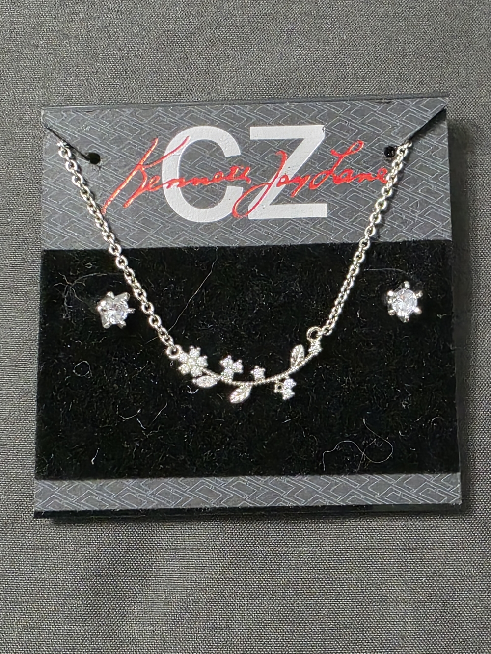 Kenneth Jay Lane Silver-Tone Floral Vine Necklace with CZ Stud Earrings -511